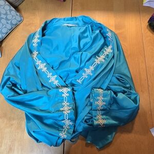 Vanity Fair Turquoise Wrap Robe with Cream Embroidery Loungewear Vintage